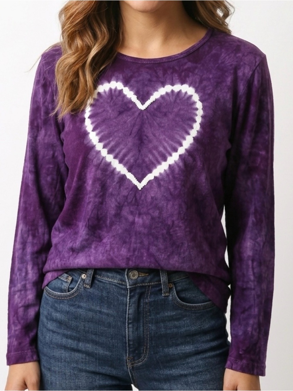 KIM & CAMI Purple Tie-Dye Heart Long-Sleeve Women's Top. SZ XL